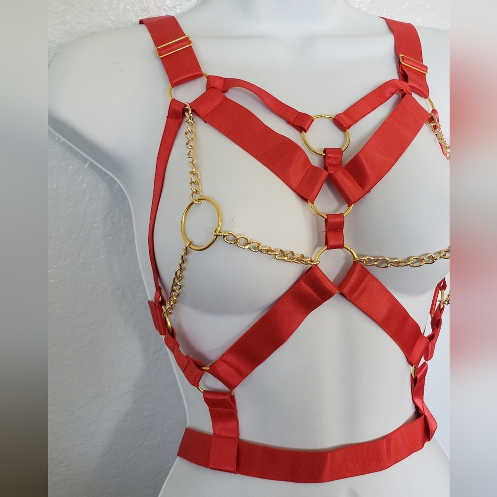 Red Body Harness With Gold Metal Chain Detail Sz. 25"- 30" Sexy Goth Punk